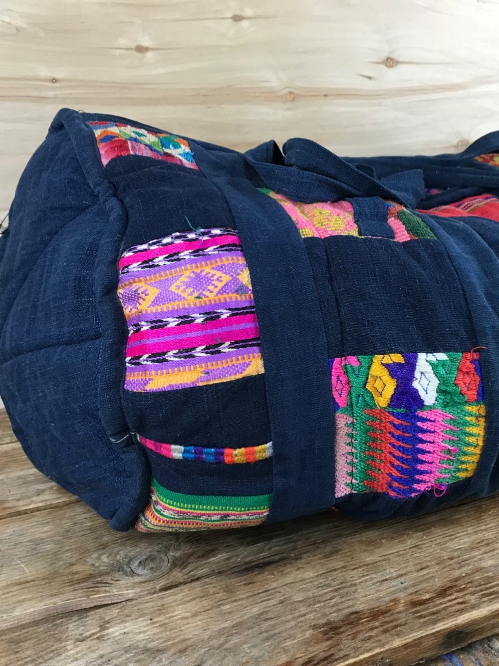 Vtg Guatemalan Patchwork Embroidered Duffel Bag Quilted Blue Indigo Overnight